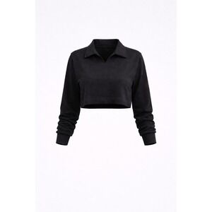 Area Stars Womens Black Textured Waffle Knit Cropped Polo Sweatshirt Large NWT‎